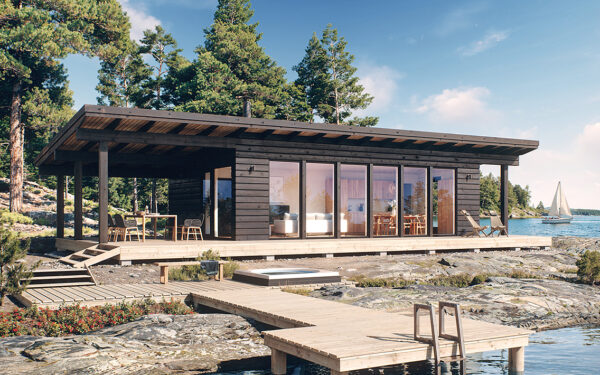 Selkeälinjainen pulpettikattoinen vapaa-ajantalomalli Seili Pluspuulta