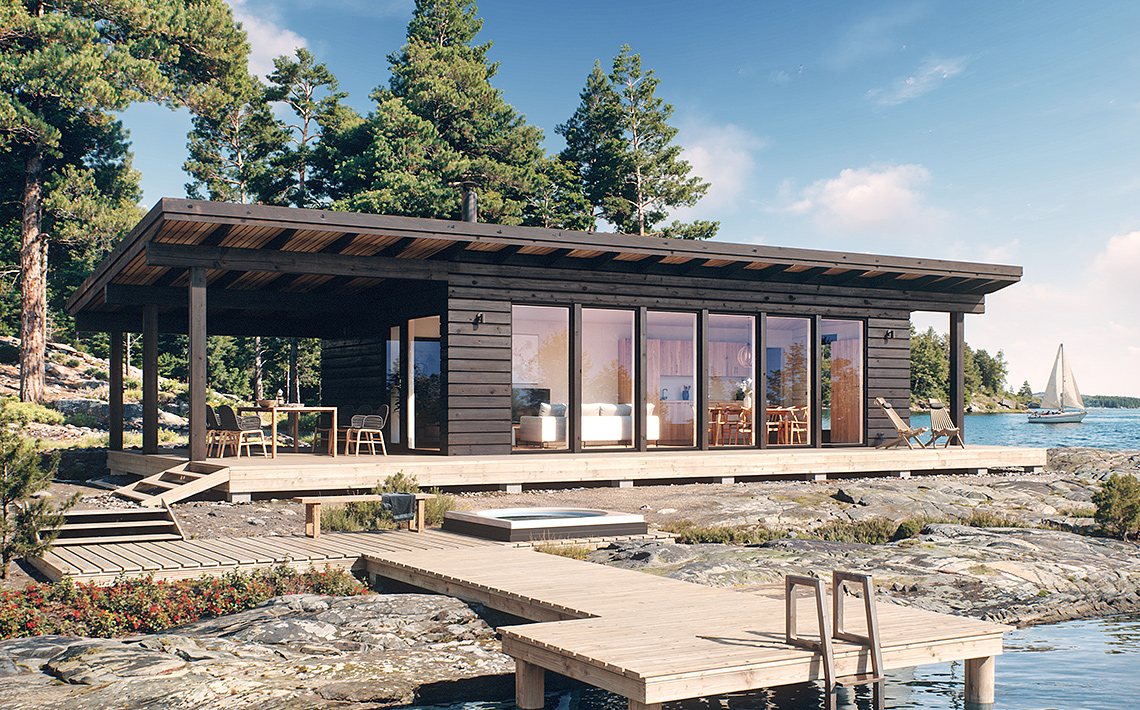 Selkeälinjainen pulpettikattoinen vapaa-ajantalomalli Seili Pluspuulta