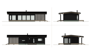 Fasadritning för ett fritidshus på 63 m².