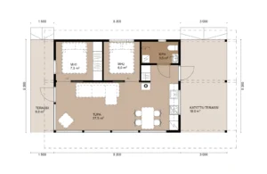 Planritning för ett fritidshus på 50 m2.