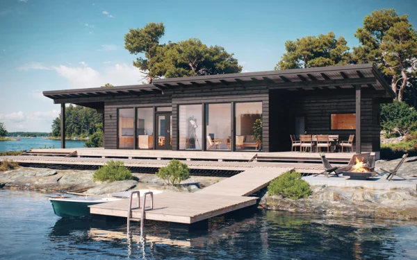 Pluspuu Talojen moderni pulpettikattoinen hirsimökki saaristomaisemassa