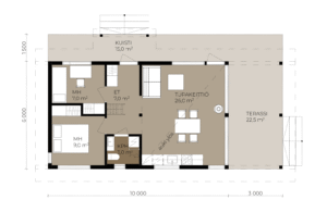 Planritning för ett fritidshus på 64 m²